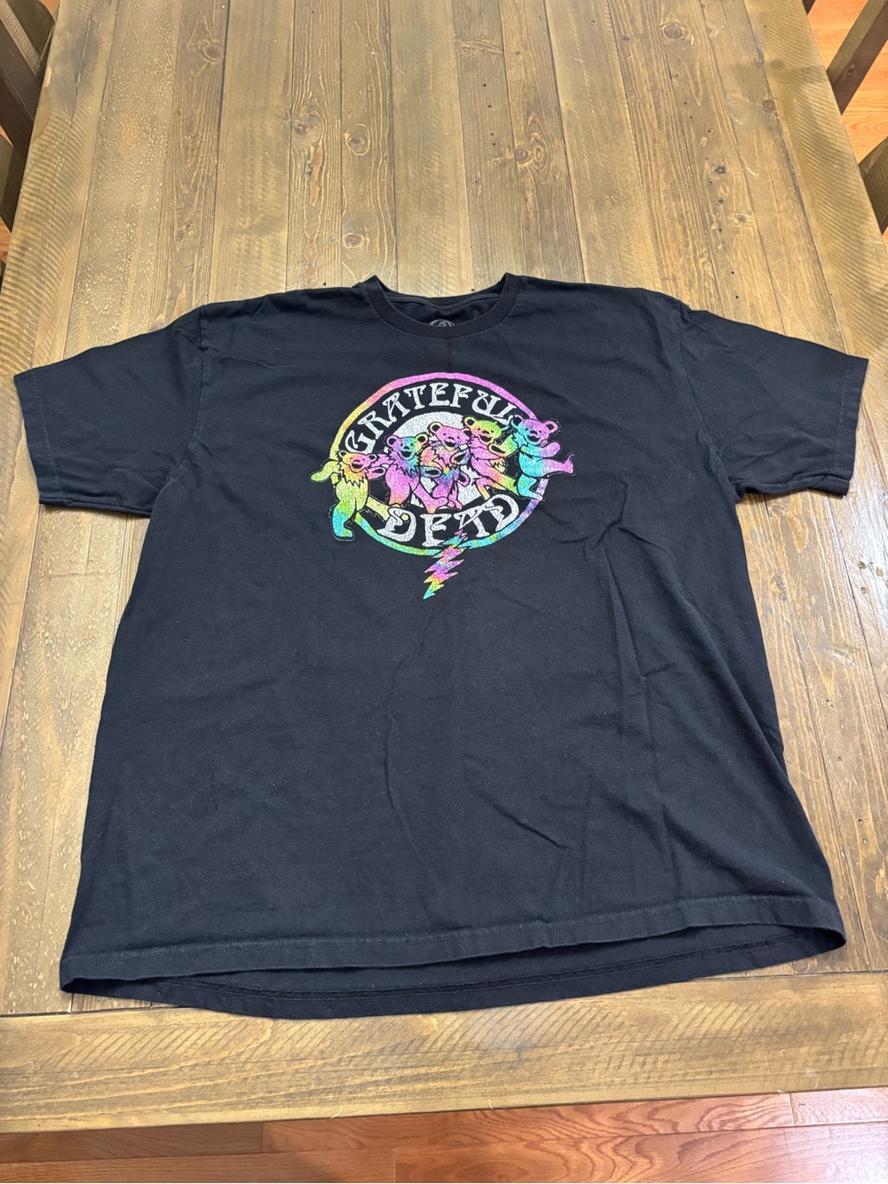 Grateful Dead Black Tee with Rainbow Dancing Bears Graphic